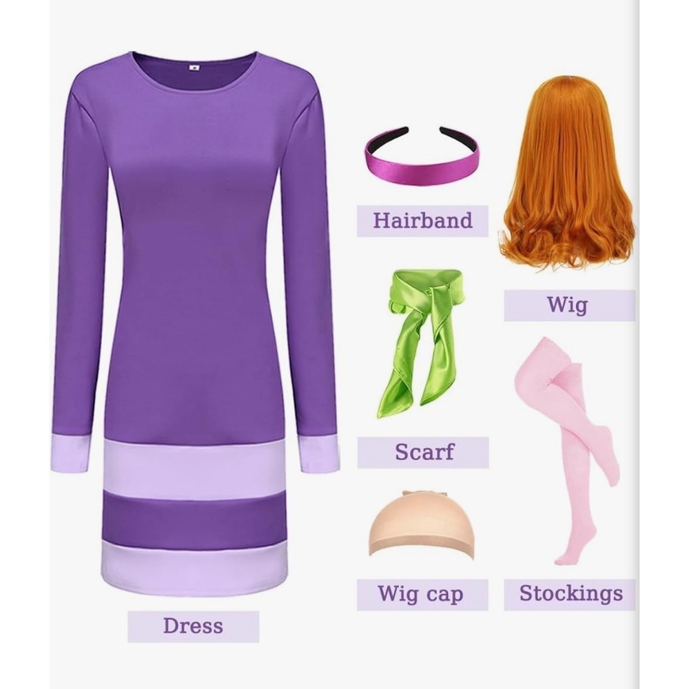Daphne Blake Cosplay Costume Set Purple Dress Wig Scarf Stockings XL 6pc